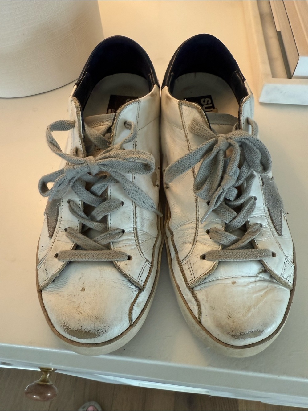 Golden Goose White Leather Sneakers with Gray Star and Navy Heel - Picture 2 of 6